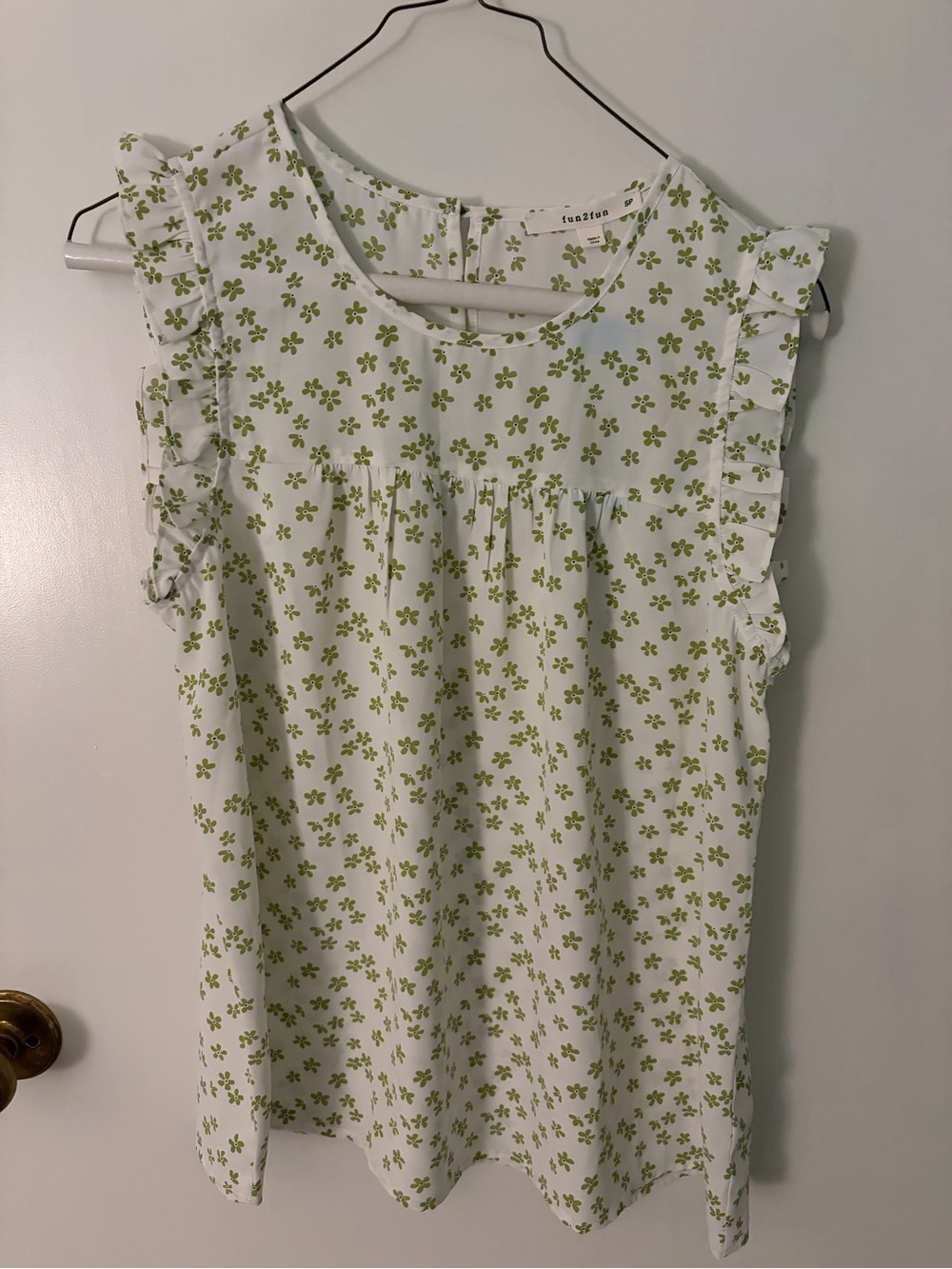 fun 2 fun White Blouse with Green Floral Print